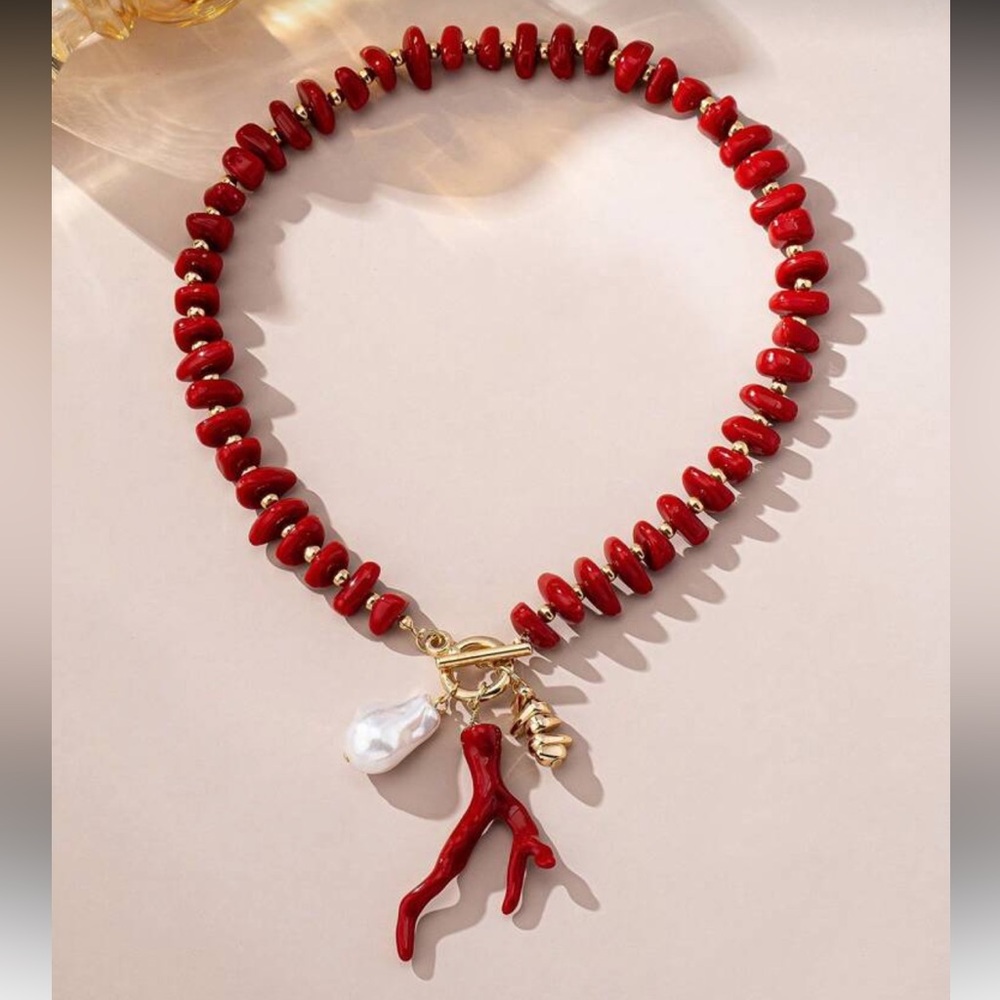 Anthropologie Red Beaded Necklace with Gold Toggle and Pearl Charm - Picture 2 of 5